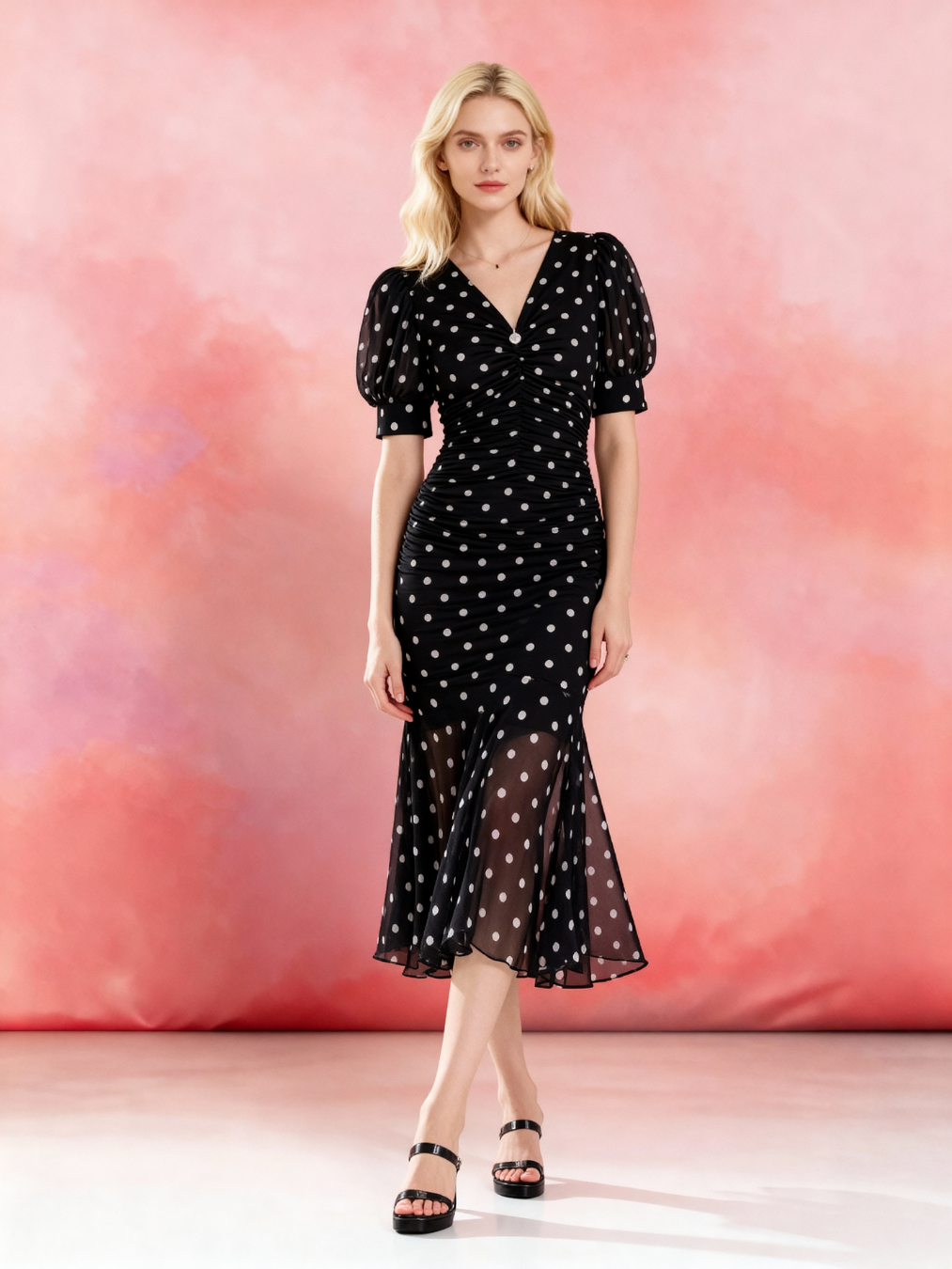 Vivienne 1930s Polka Dot Puff Sleeve Mermaid Dress